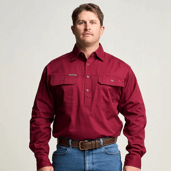 KILCOY | Mens Half Button Long Sleeve Work Shirt - Burgundy Thumbnail